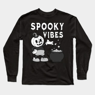 Retro Halloween Pumpkin Spooky Vibes Ghost Vintage Groovy Autumn Long Sleeve T-Shirt